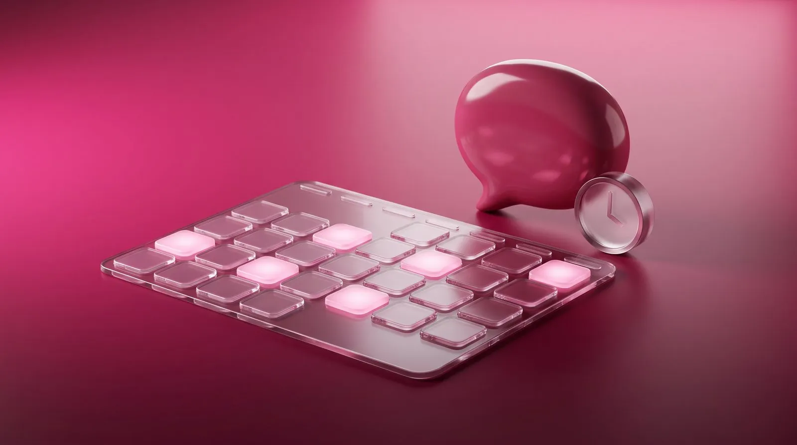 Glass weekly-calendar grid of glowing tiles with a ceramic speech bubble and glass clock on a deep pink gradient