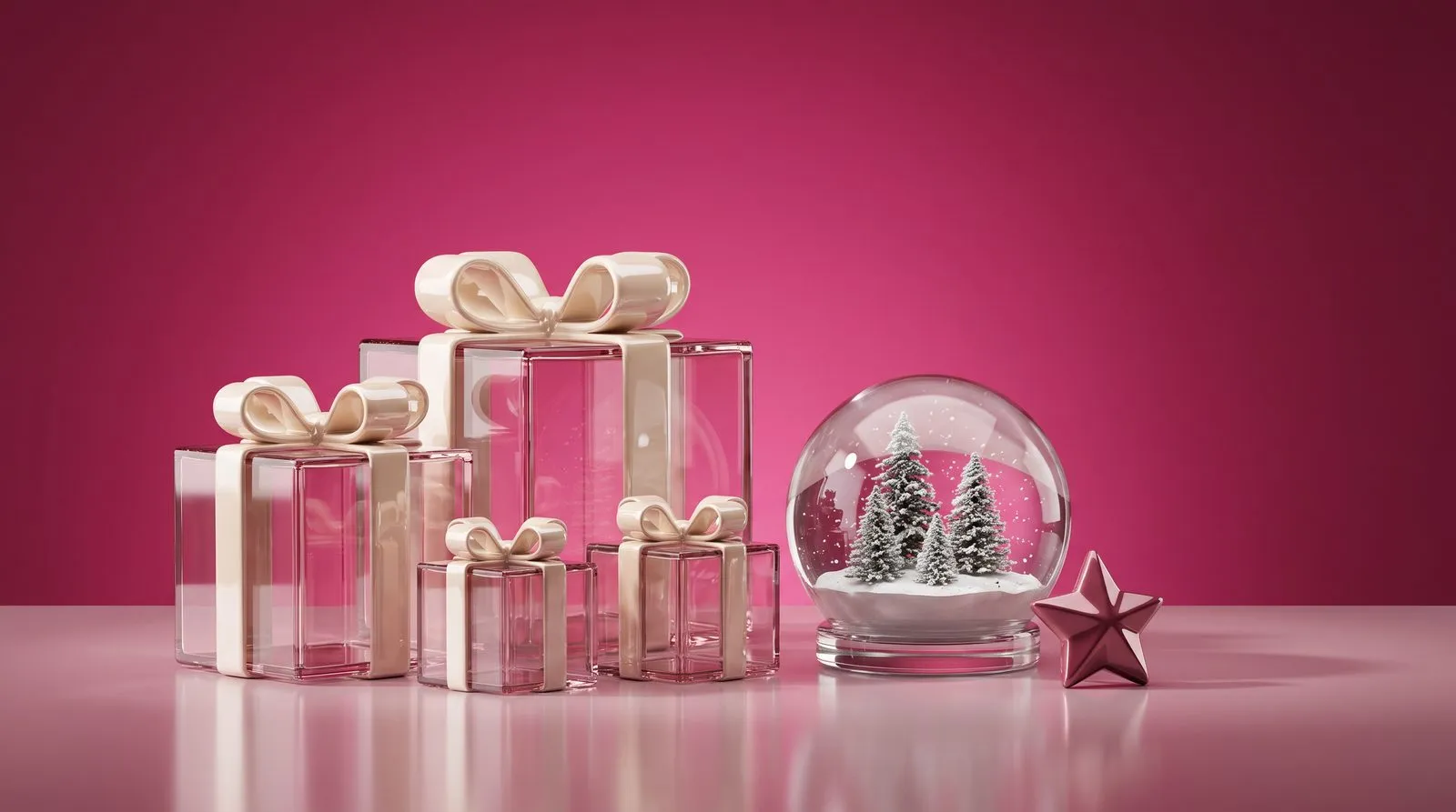 Translucent glass gift boxes with ceramic ribbon bows beside a glass snow globe with fir trees and a star ornament on a deep pink gradient background