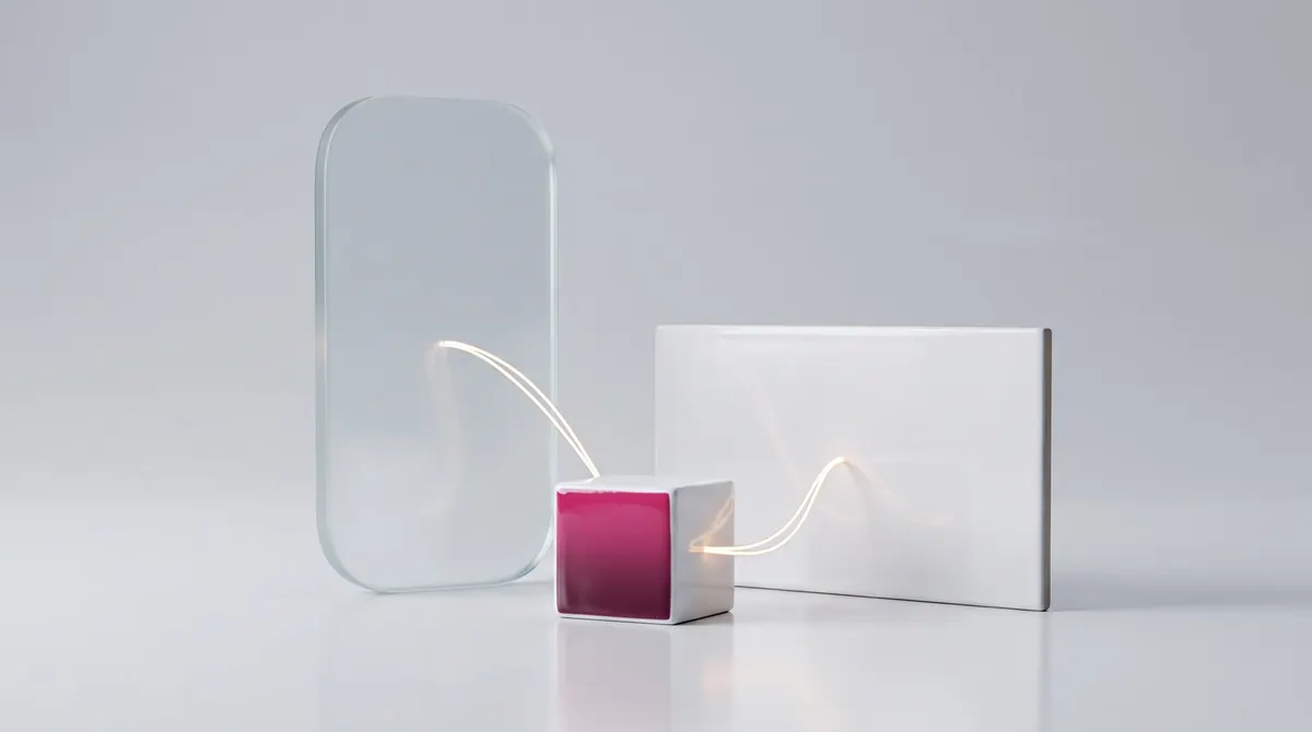 Two glass slabs wired to one small ceramic cube — two platforms, one scheduler