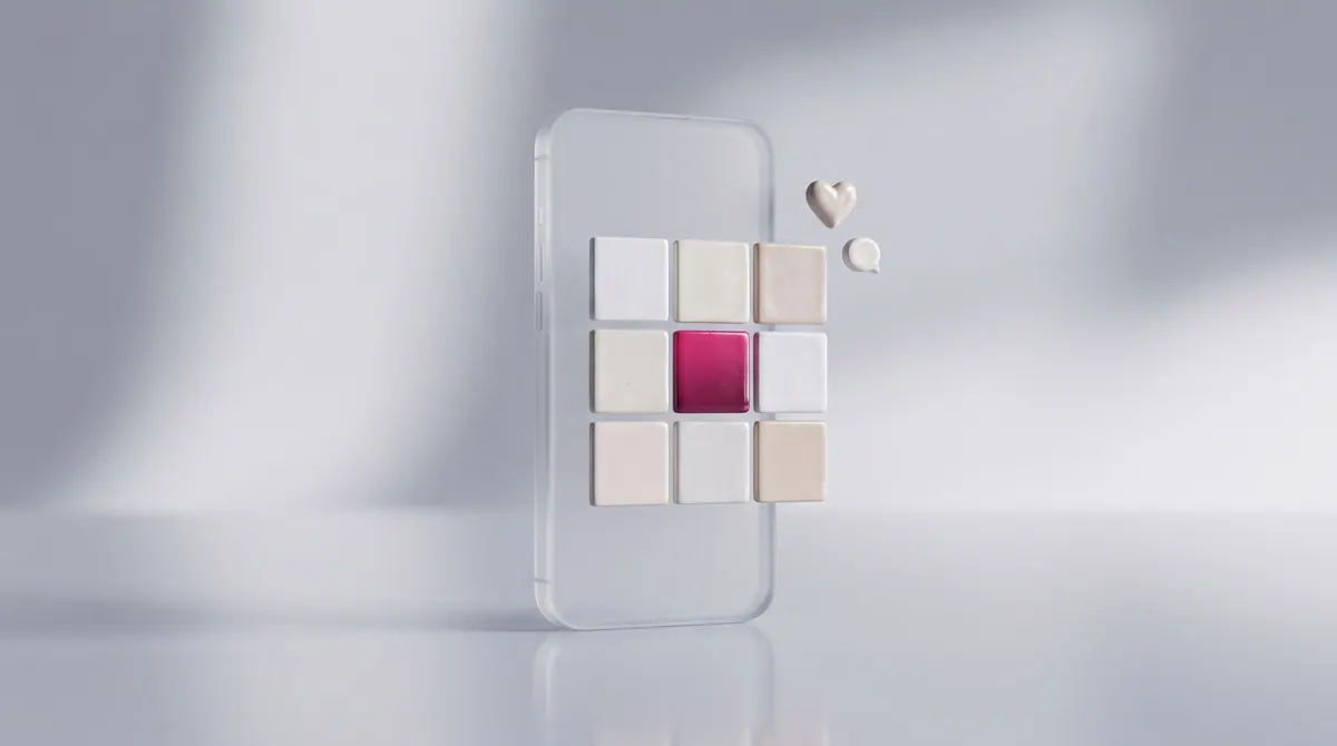 A glass phone with a grid of ceramic photo tiles — visual planning without the agency price