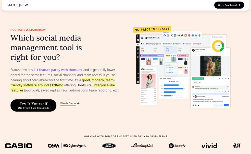 Statusbrew's Hootsuite comparison page, showing its publishing calendar, analytics and engagement inbox